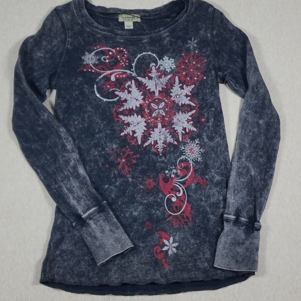 One World Y2K Snowflake Thermal Shirt Womens Small Blue Acid Wash Rhinestones